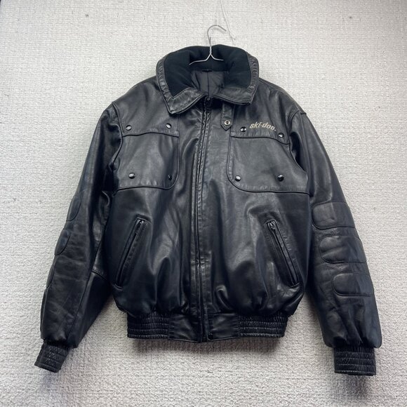 VTG Ski-Doo Bombardier Military Leather Bomber Jacket Mens 42 Black Snowmobile - Picture 1 of 13